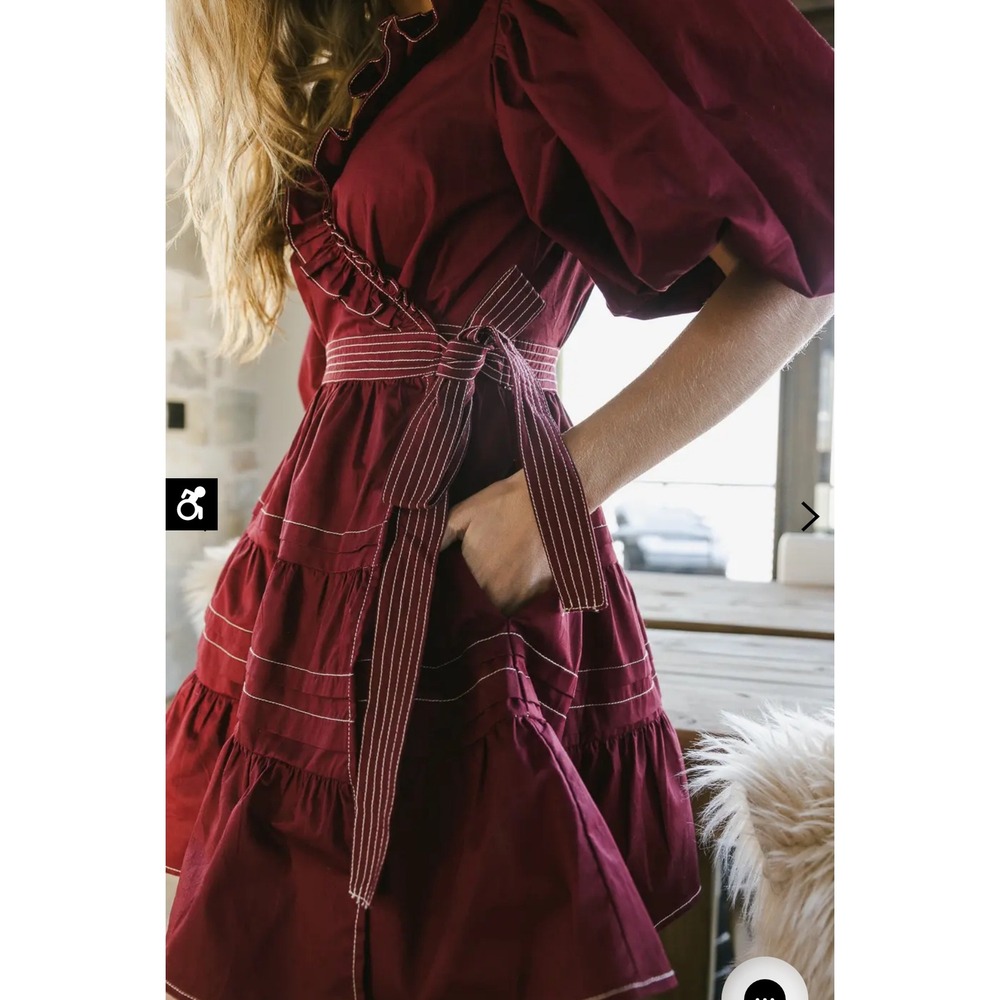 Bohme Cognac Burgundy Ruffle Wrap Mini Dress Puff Sleeve Cotton XL NWT